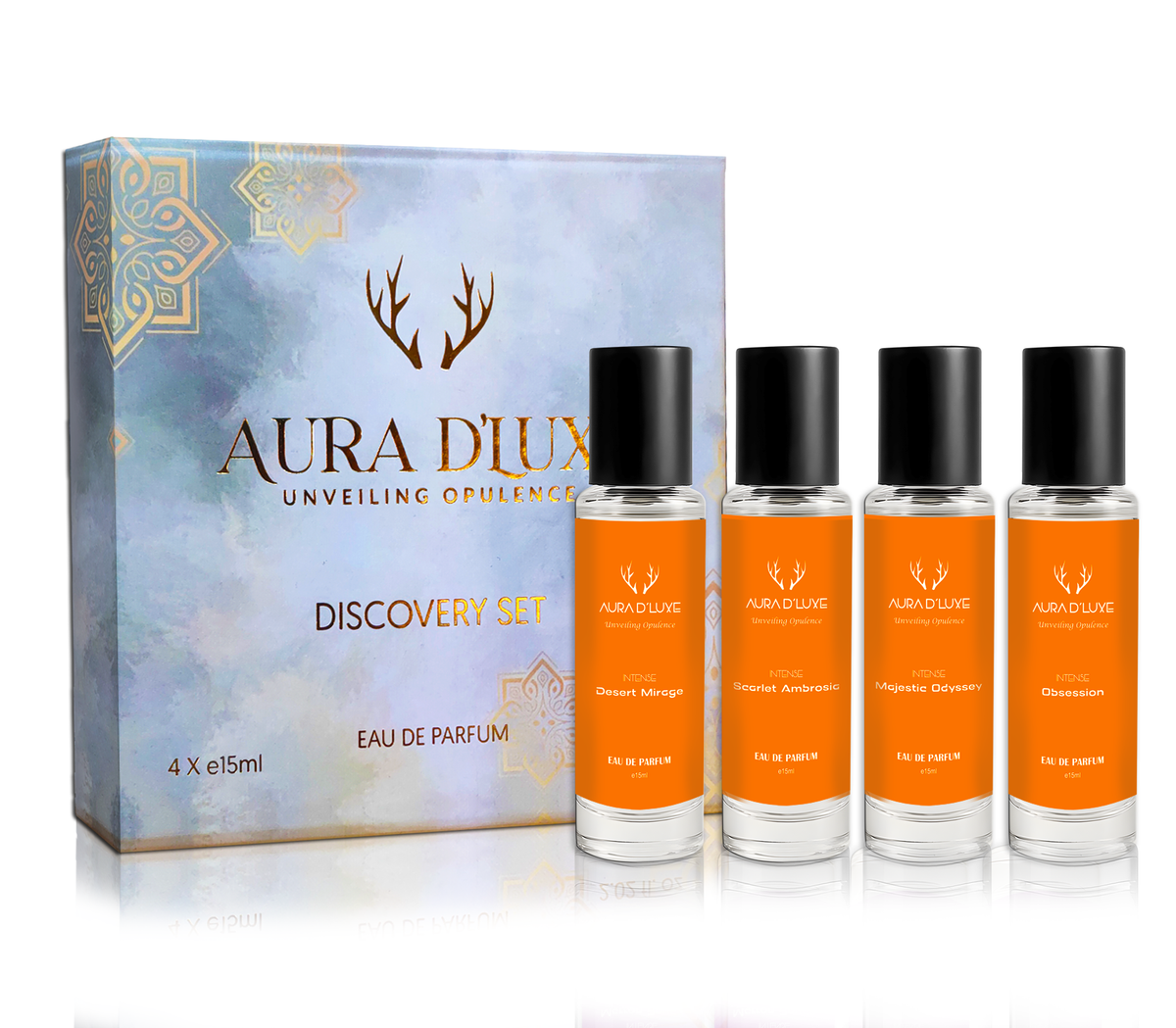 Aura D'Luxe Discovery Set, four 15 ml bottles with box, on white