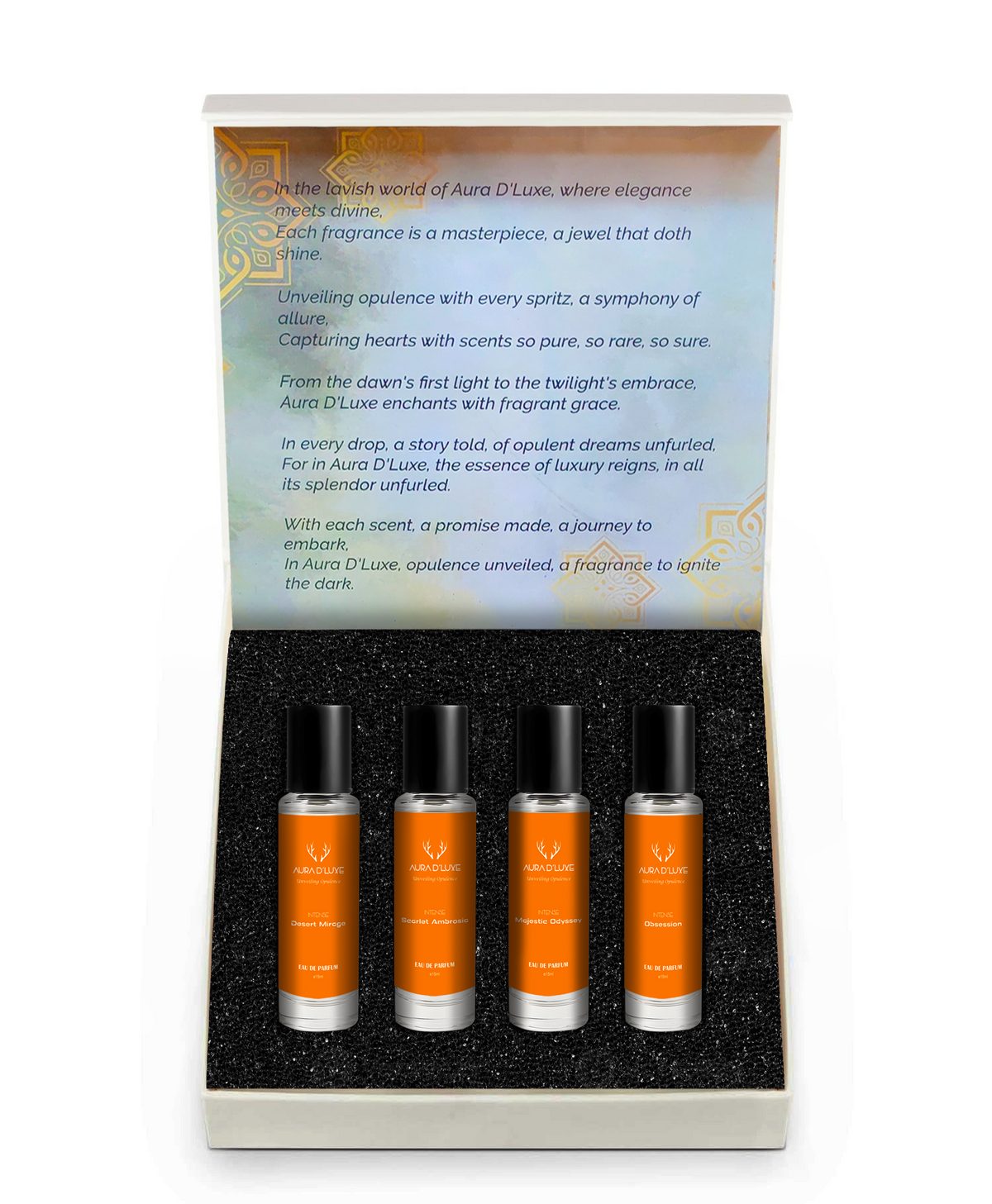 Aura D'Luxe gift box, open with four bottles, on white